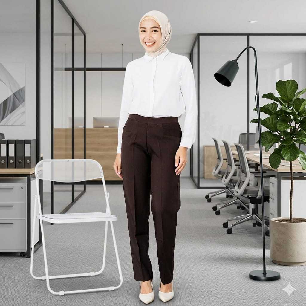 Celana Kerja Wanita Kantor Pinggang Karet Bahan Wol Premium - DEJIFA X ZRELLA