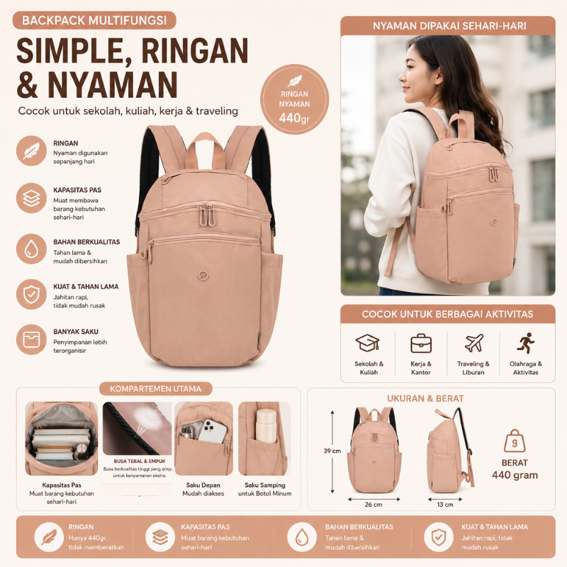 PIOMA Riona Tas Ransel Wanita Backpack Medium Tas Gendong Sedang Nylon Waterproof