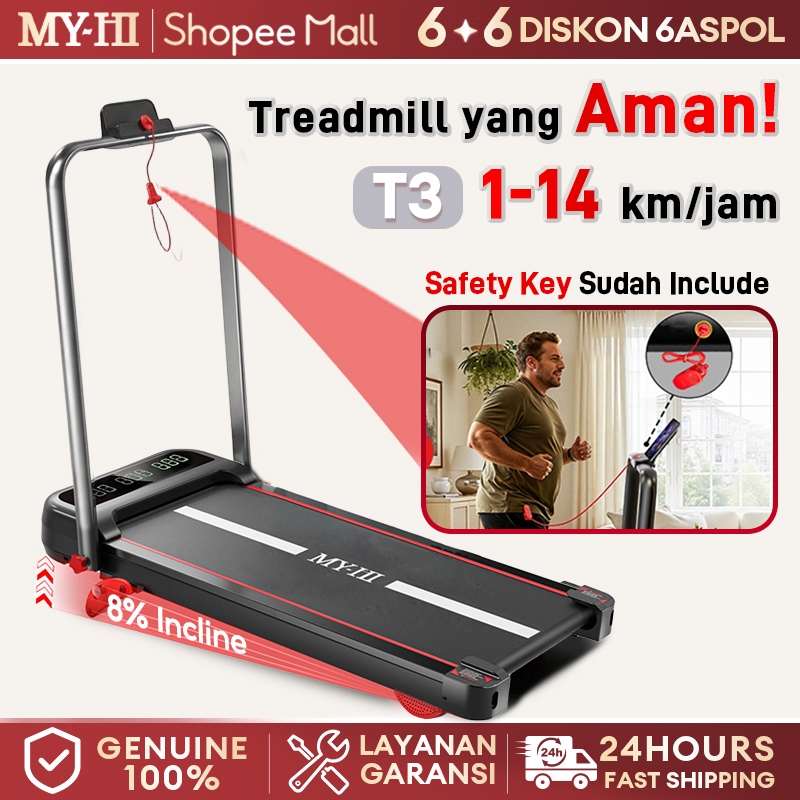MY-HI Treadmill Portable T3 8° Incline Bluetooth APP Treadmill Elektrik listrik lipat Walking Pad