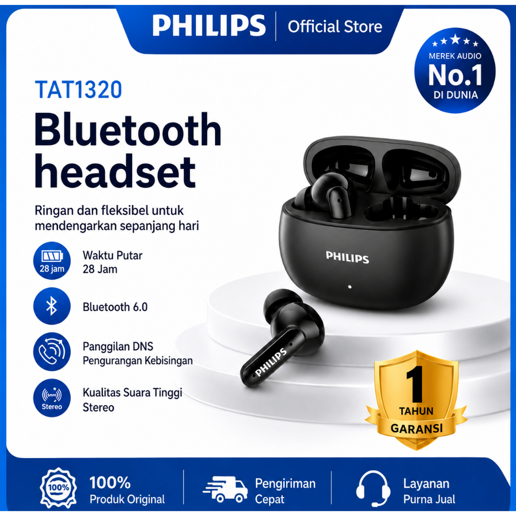 Philips TAT1320 TWS Headset Bluetooth Bluetooth 6.0 Baterai 28 Jam DNS Pengurang Kebisingan Panggila