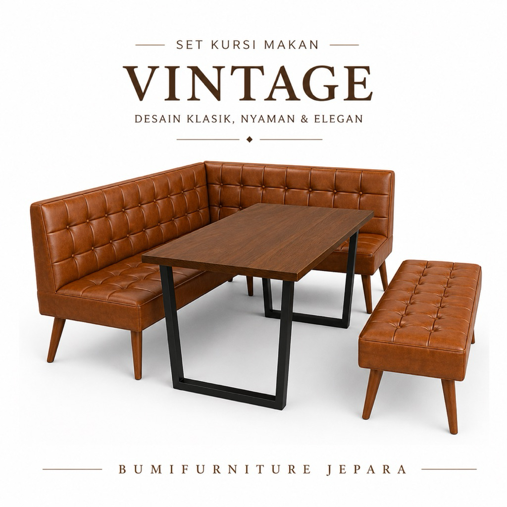 Bangku Sudut Cafe Industrial Vintage Jok Kulit Sintetis – Sofa L Minimalis untuk Cafe, Resto & Rumah