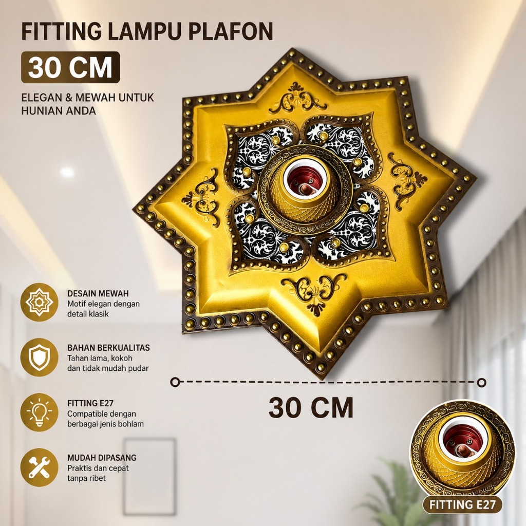 Fitting Lampu Plafon Ukuran 30 x 30 cm untuk plafon PVC, gypsum, triplek /DAK BETON