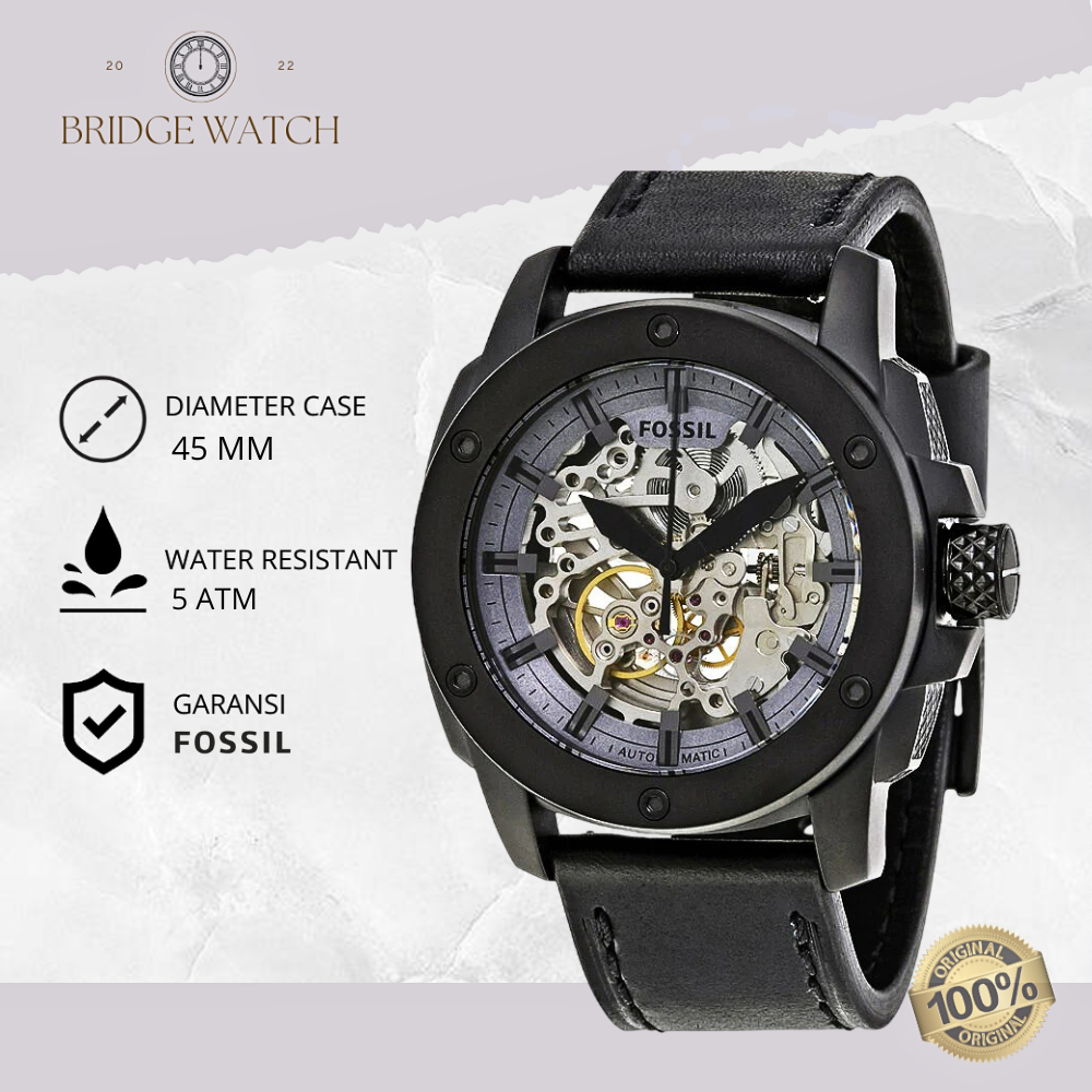 Jam Tangan Fossil Machine Automatic Pria Analog Black Leather Sporty Casual Original ME3134