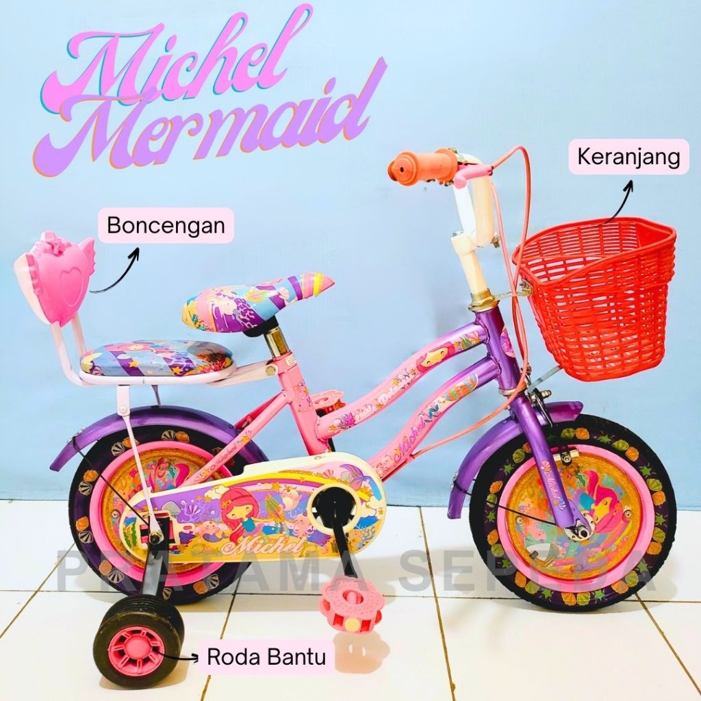 Sepeda Anak Perempuan 12Inch Michel Mermaid Ban Pompa Jok Empuk