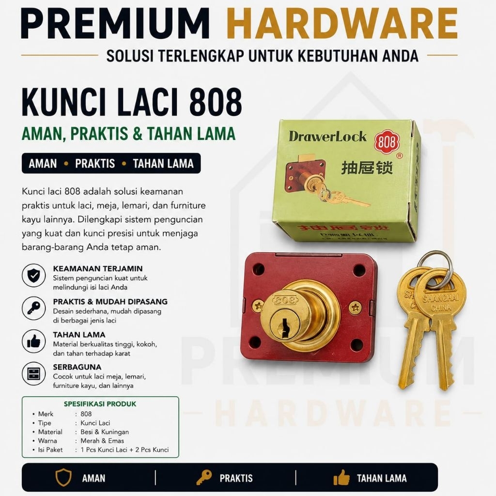 KUNCI LACI 808 KECIL / DRAWER LOCK 808 HL508P KECIL / KUNCI LEMARI / KUNCI SHANGHAI 808 HL508P KECIL