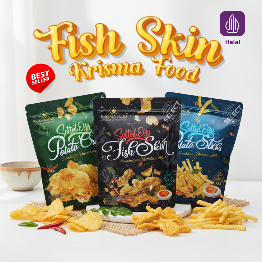 Keripik Kulit Ikan Patin Telur Asin Salted Egg Fish Merk Krisma food