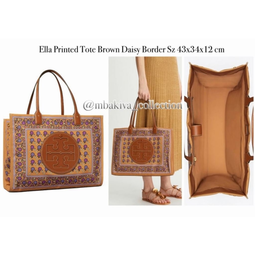TB Ella Printed Tote Brown Daisy Border