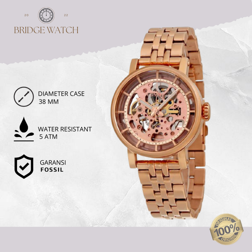 Jam Tangan Fossil Boyfriend Automatic Wanita Rose Gold Stainless Steel Mewah Original ME3065