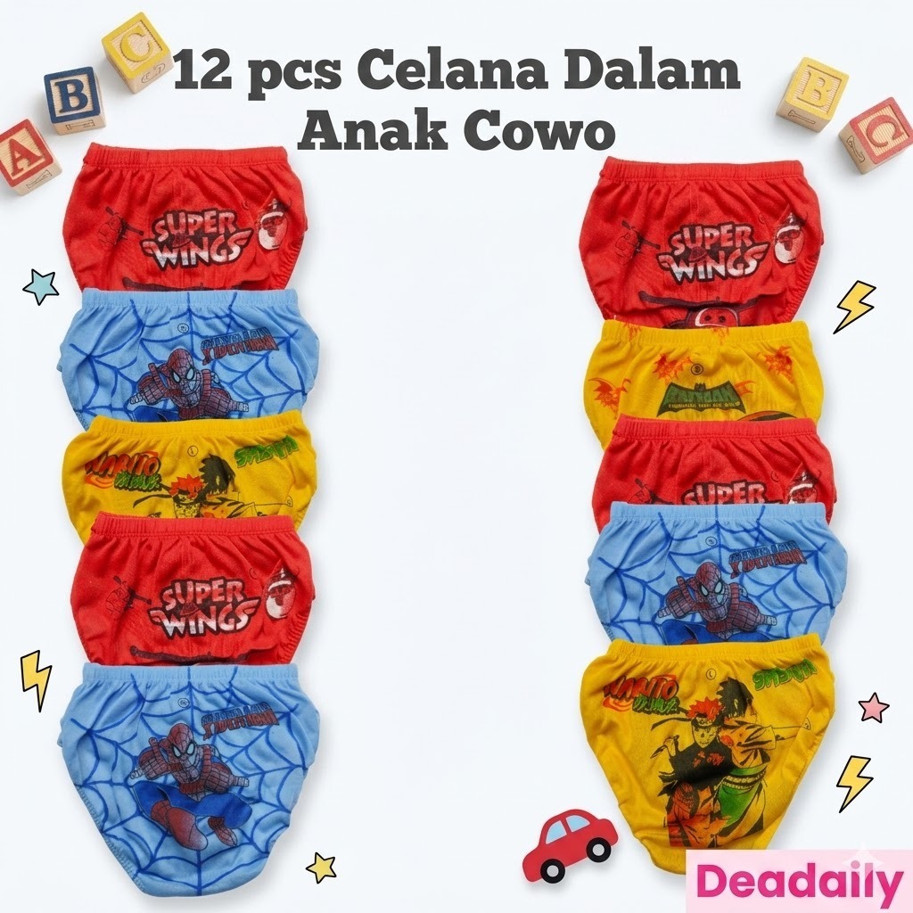 Deadaily 12 Pcs Celana Dalam Anak Laki-Laki Katun Motif Kartun 3D Spiderman Naruto Super Wings CD Co
