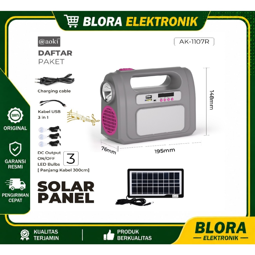 AOKI AK-1101 SOLAR LIGHTING MOBILE POWER SYSTEM 8000mAh POWER BANK MULTI FUNGSI