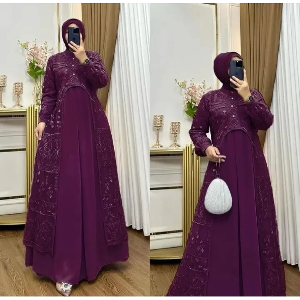 gamis ungu / maxy kondangan brokat ardela swaroski / baju pesta warna mahogani