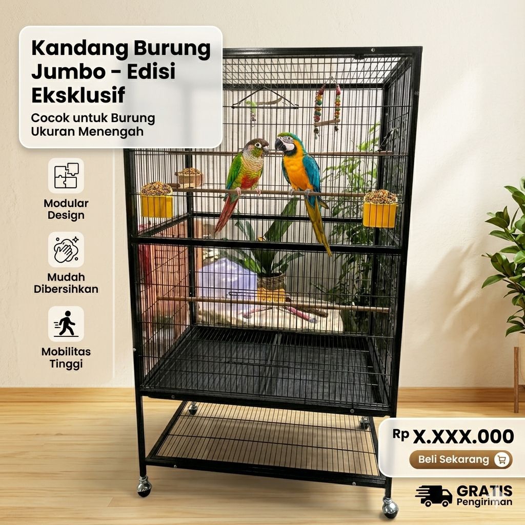 Kandang Burung Jumbo Besi Beroda Aviary Besar Tingkat Murah Serbaguna