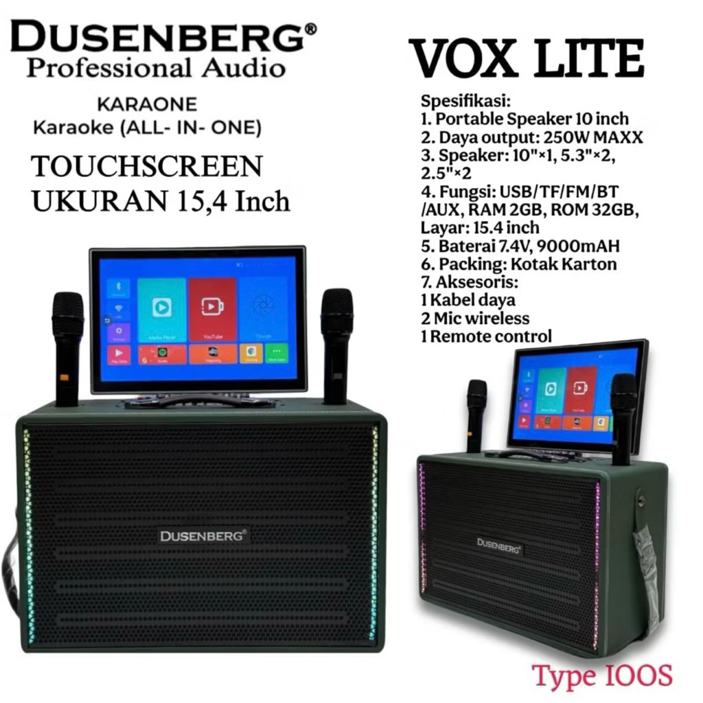 Speaker Karaoke Dusenberg VOX LITE 10 Inch 250W Portable Touchscreen 15.4 Inch Android Smart TV YouT