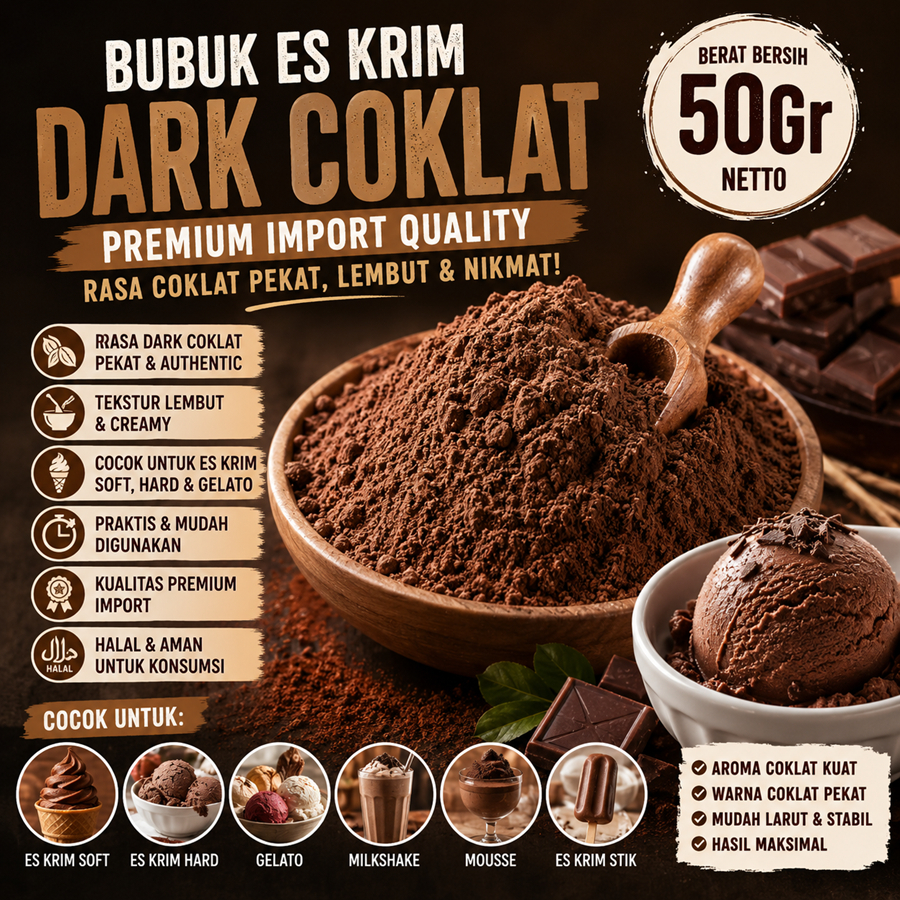 Bubuk Es Krim Dark Coklat Import 50Gr Serbuk Ice Cream Dark Coklat Import 50Gr Eskrim Kiloan Bahan I