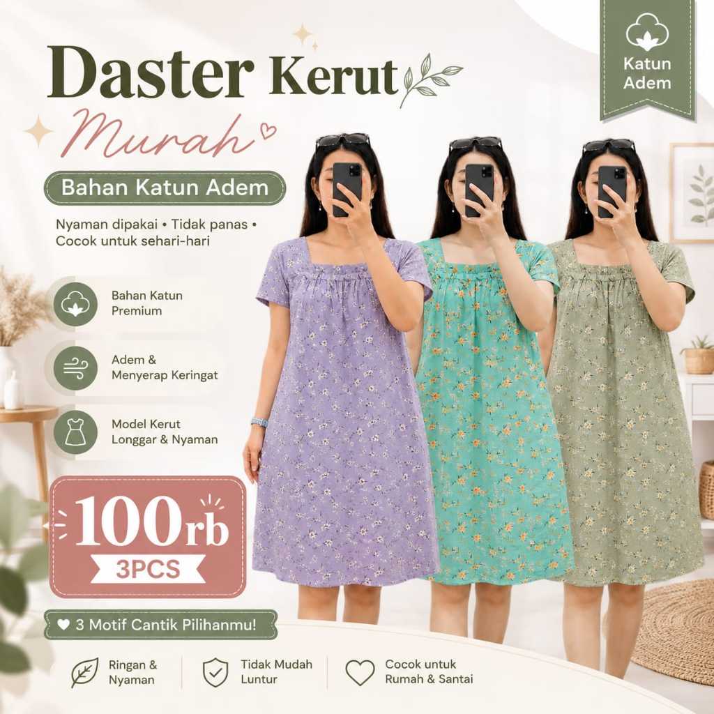 Sabrina 3Pcs Dress Kerut Smoke Pendek Katun Adem Motif Bunga
