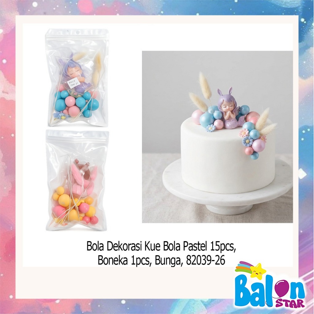 Bola Dekorasi kue bola pastel 15pcs, boneka 1pcs, bunga, cake topper, hiasan ultah, topper ulangtahu