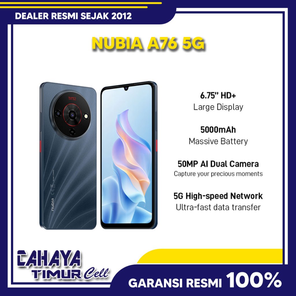 nubia A76 5G NFC ROM 128GB RAM 16GB (8+8GB) Smartphone Kamera AI 50MP Layar 6.75" 90Hz Live Island 2