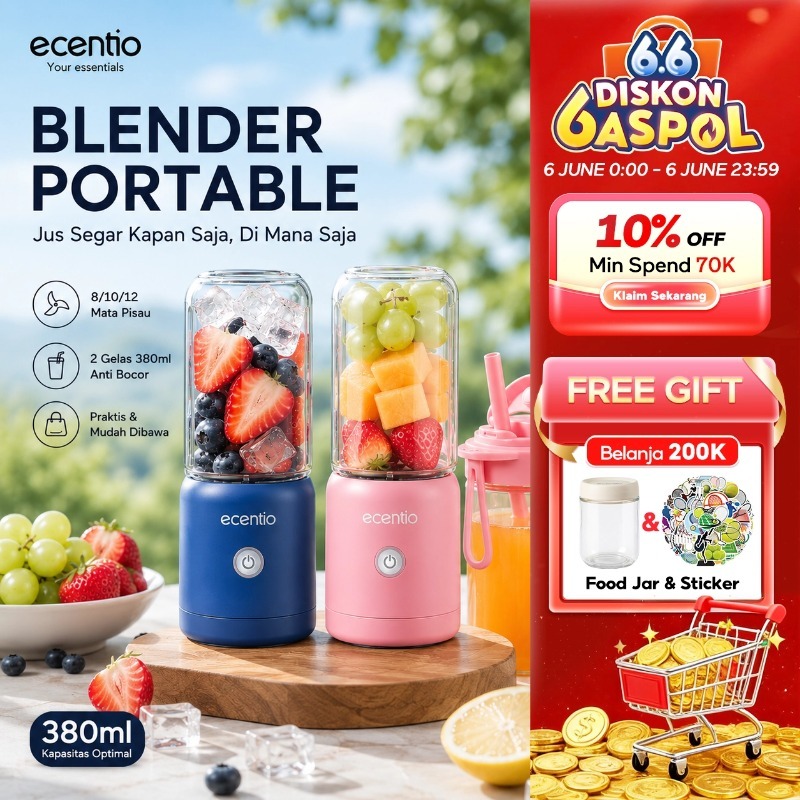 [2.0]ecentio Blender Portable Juicer 8/10/12 Mata Pisau Kaca Tebal, 2 Gelas 380ml Anti Bocor Dilengk