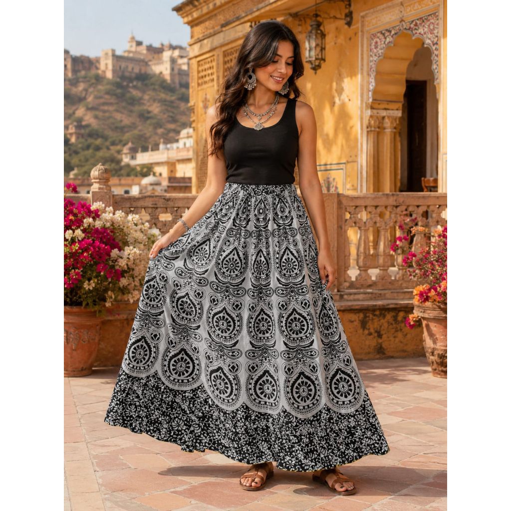 Rok Panjang Wanita Motif India Hitam Putih | Rok Maxi Boho Gypsy Payung Lebar Pinggang Karet | Rok E