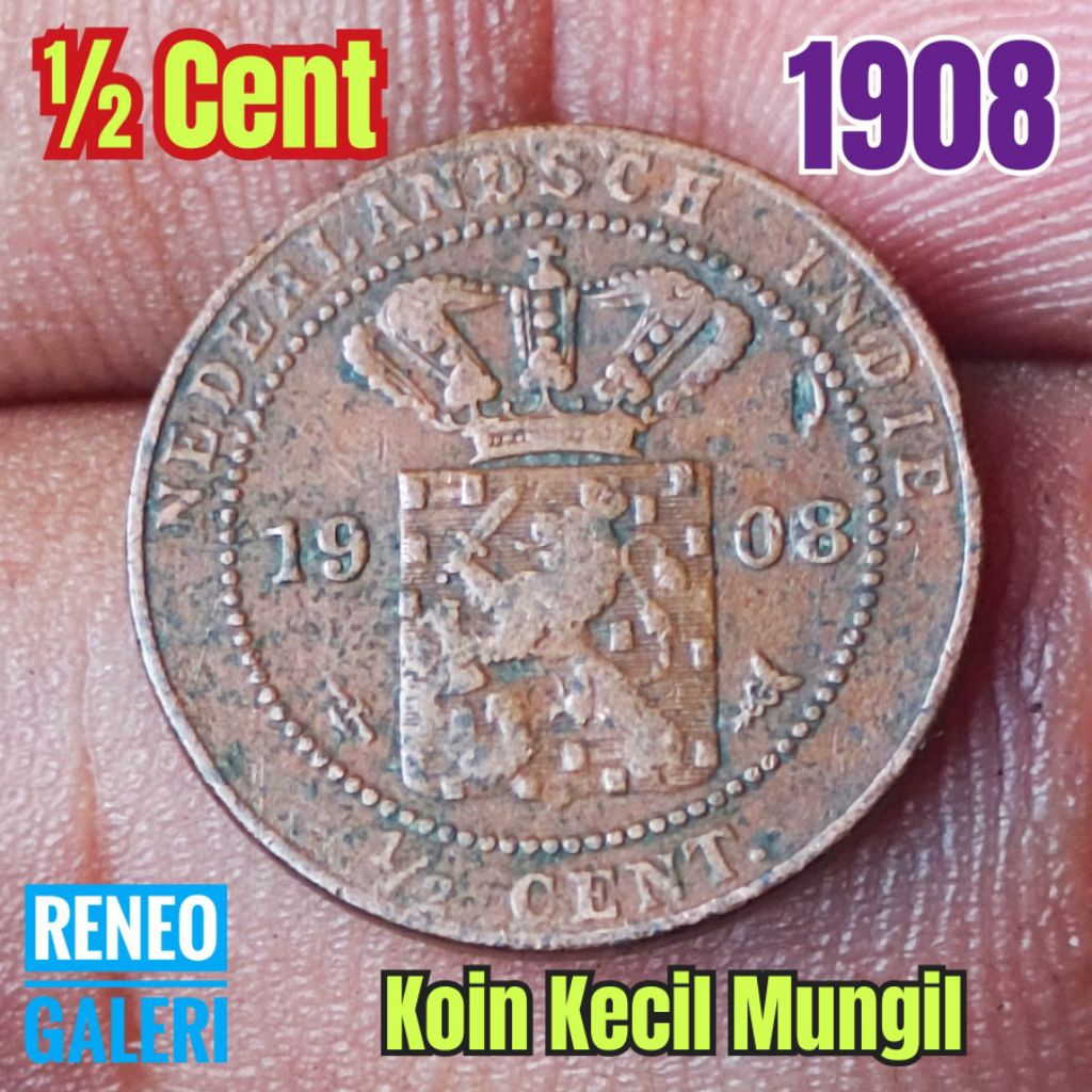 Koin mungil 0,5 Cent tahun 1908 asli 1/2 sen Nederlandsch Indie setengah uang kuno sen duit logam la