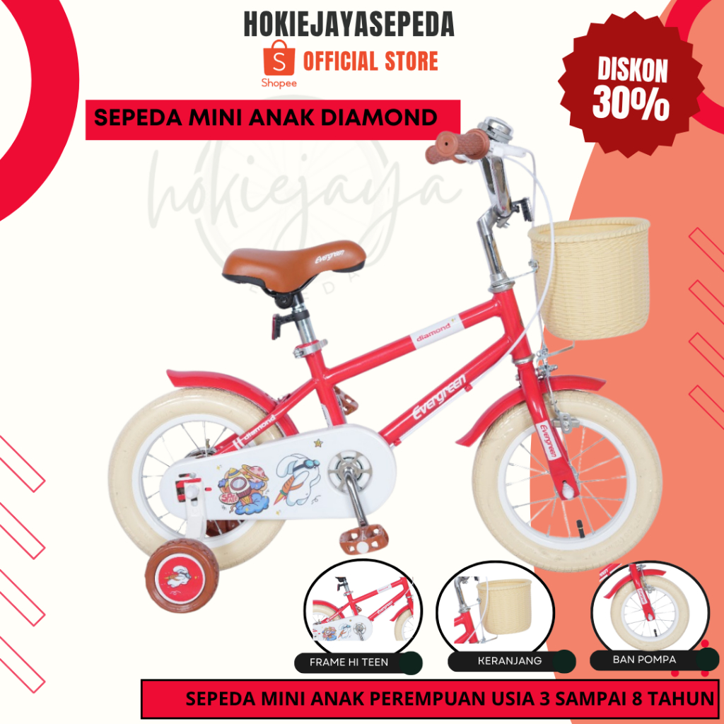 Sepeda Anak Perempuan EVERGREEN Diamond size 12 16 18 Inch model Vintage Retro terbaru Kranjang Roda
