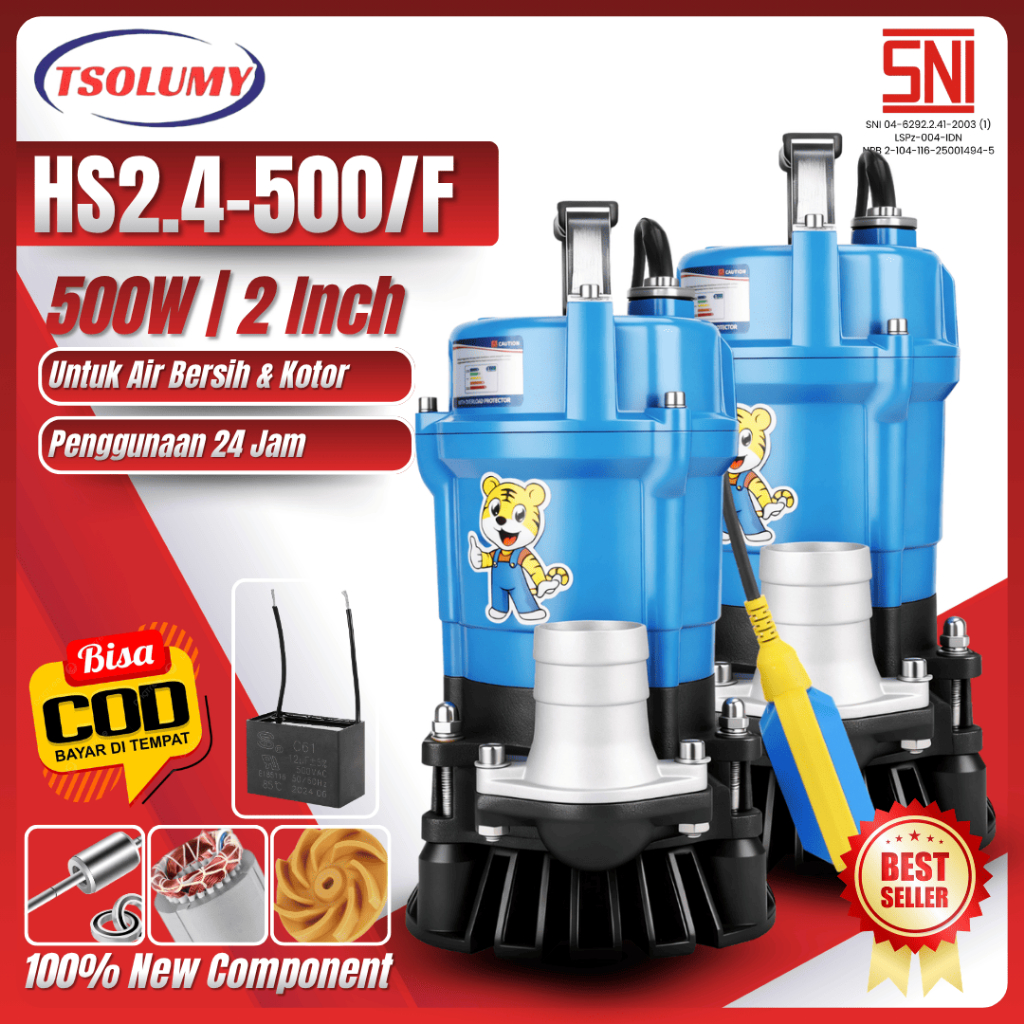 TSOLUMY Pompa Celup Air Bersih & Kotor 500W 2 Inch Submersible HS2.4-500 / HS2.4-500F  Pump Pompa Ba