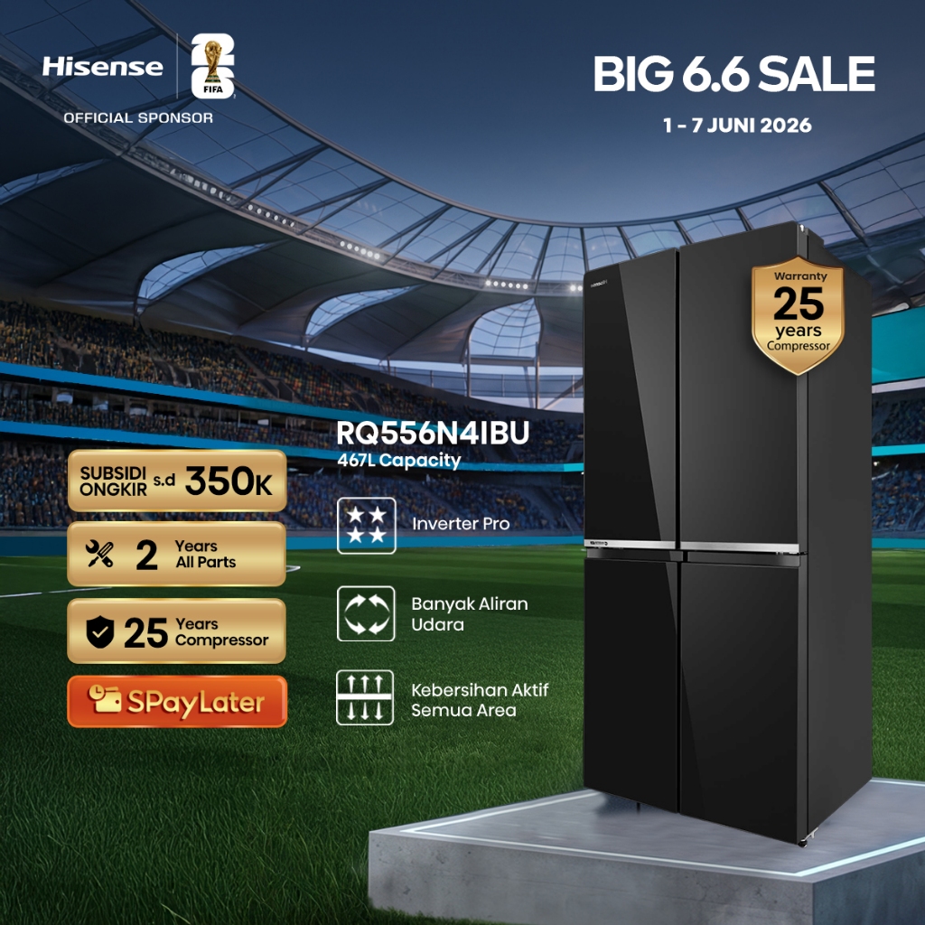 Hisense Kulkas RQ556N4IBU Refrigerator 4 Pintu Kapasitas 467L Warna Hitam Inverter Pro 360 Derajat M