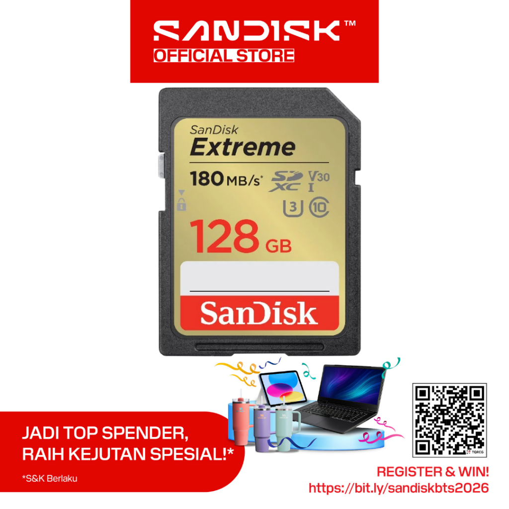 SANDISK SDXC Card Extreme 128GB UHS-I Class 10 U3 V30 for 4K UHD (Up to 180MB/s)