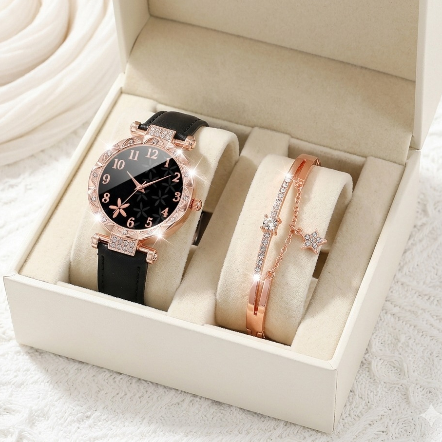 paket hadiah set jam tangan wanita + gelang + box lengkap free paking kado