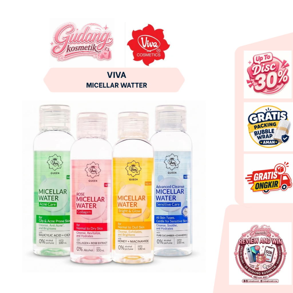 Viva Queen Micellar Water 100ml Original BPOM - Pembersih Makeup & Wajah - Acne, Bright Glow, Rose, 