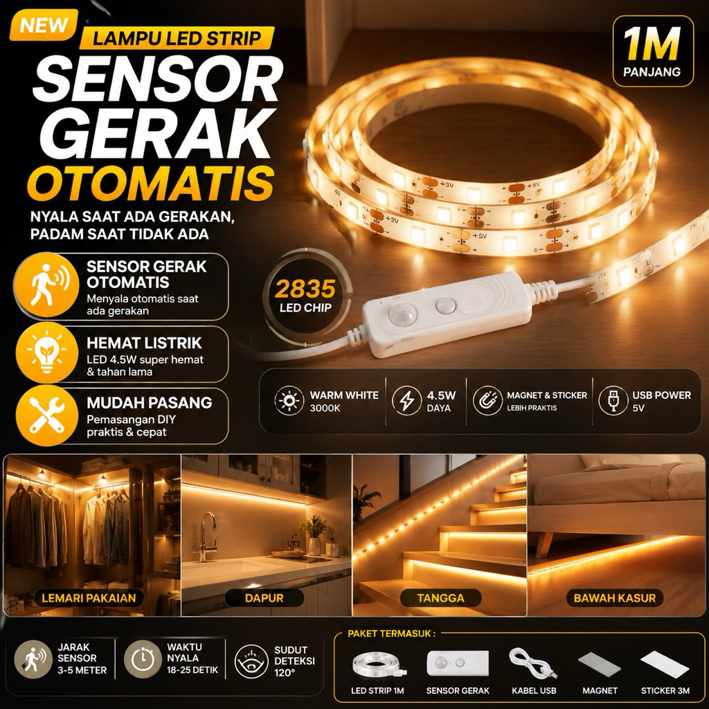 Lampu LED Strip Sensor Gerak Otomatis 1 Meter USB Lemari Kabinet Dapur Tangga Bawah Kasur Hemat Ener