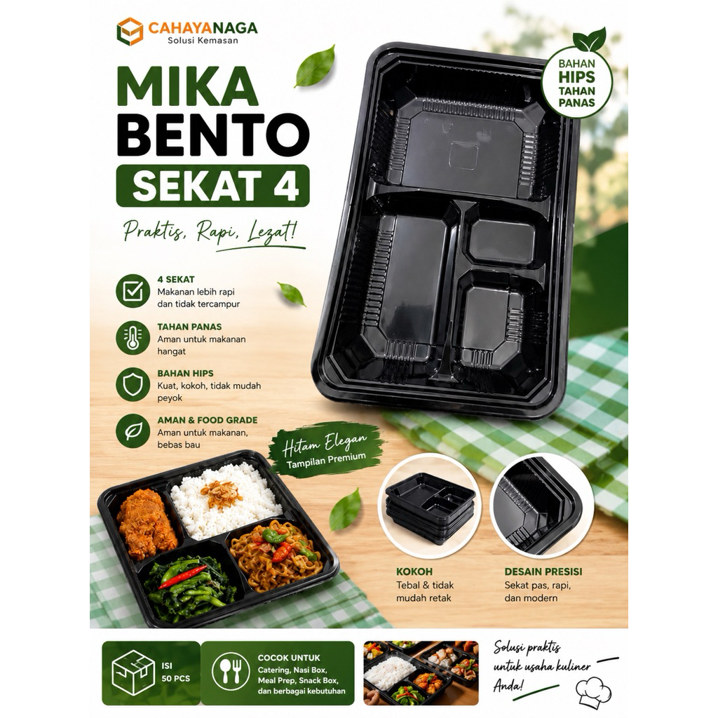 Mika Bento Sekat 4 Hitam Polos Isi 50 Pcs | Box Makan Bento HIPS Tahan Panas | Wadah Catering, Nasi 