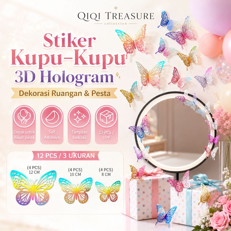 12PCS Stiker Dinding Kupu-Kupu 3D /Hiasan Kupu-Kupu Warna Gold Emas/Kupu Kupu Hiasan Dinding
