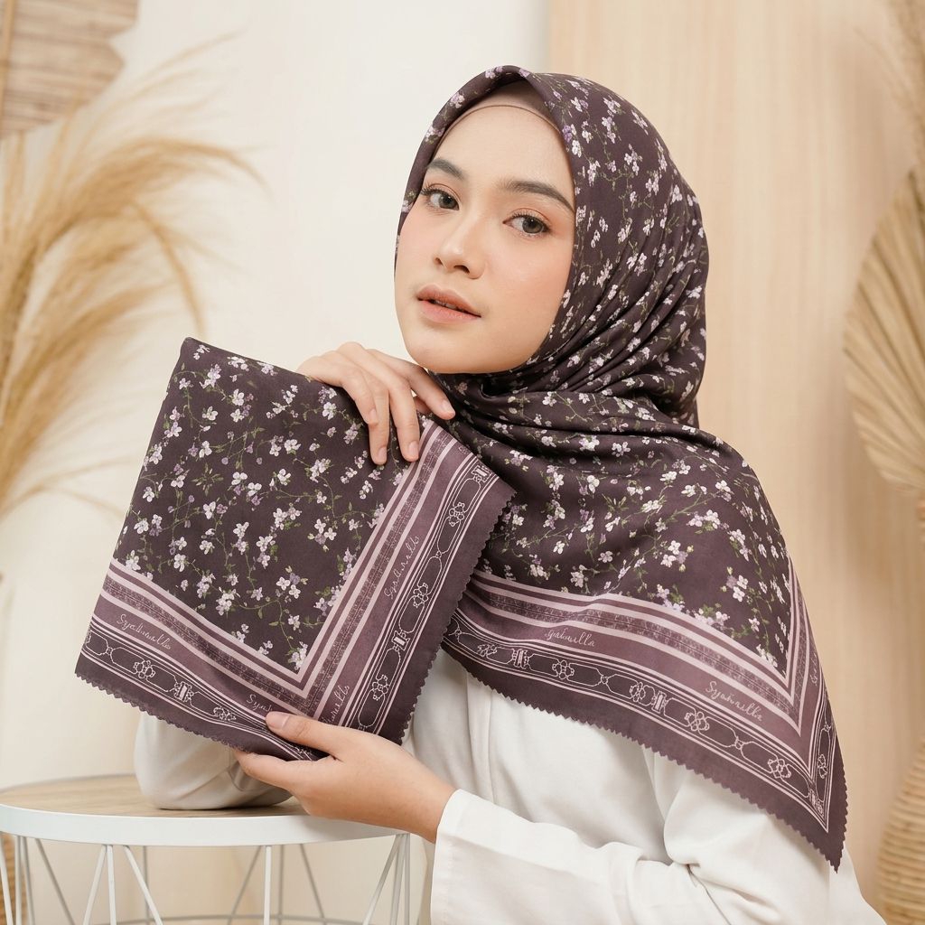 HIJAB SEGI EMPAT VOAL MOTIF AZZURA CHOCO BY SYAHIRABLE/HIJAB MOTIF BUNGA SERIES TURKEY