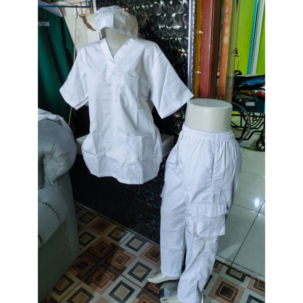 Set Cargo Baju Oka Lengan Pendek celana Cargo American drill PUTIH