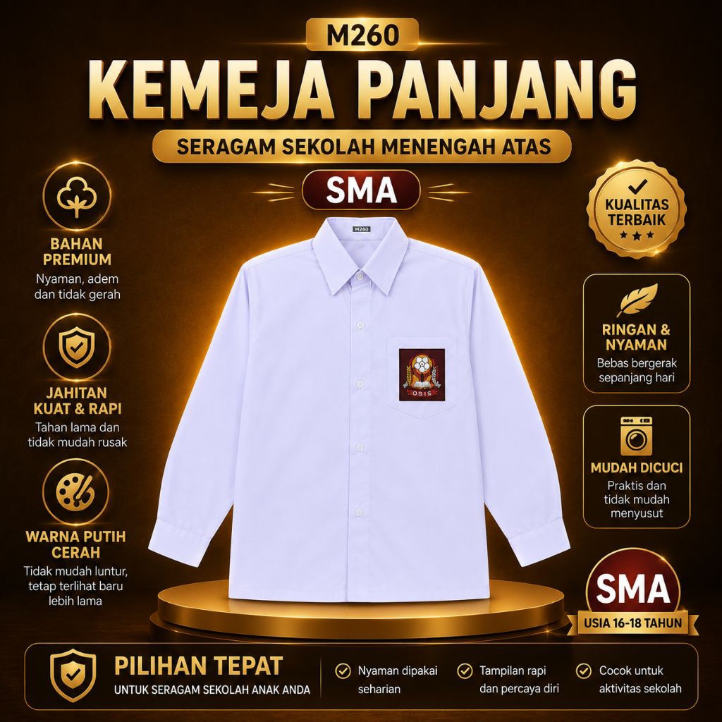M260 | Kemeja Seragam Sekolah Putih Lengan Panjang SMA – Seragam Sekolah Berkualitas, Nyaman & Rapi