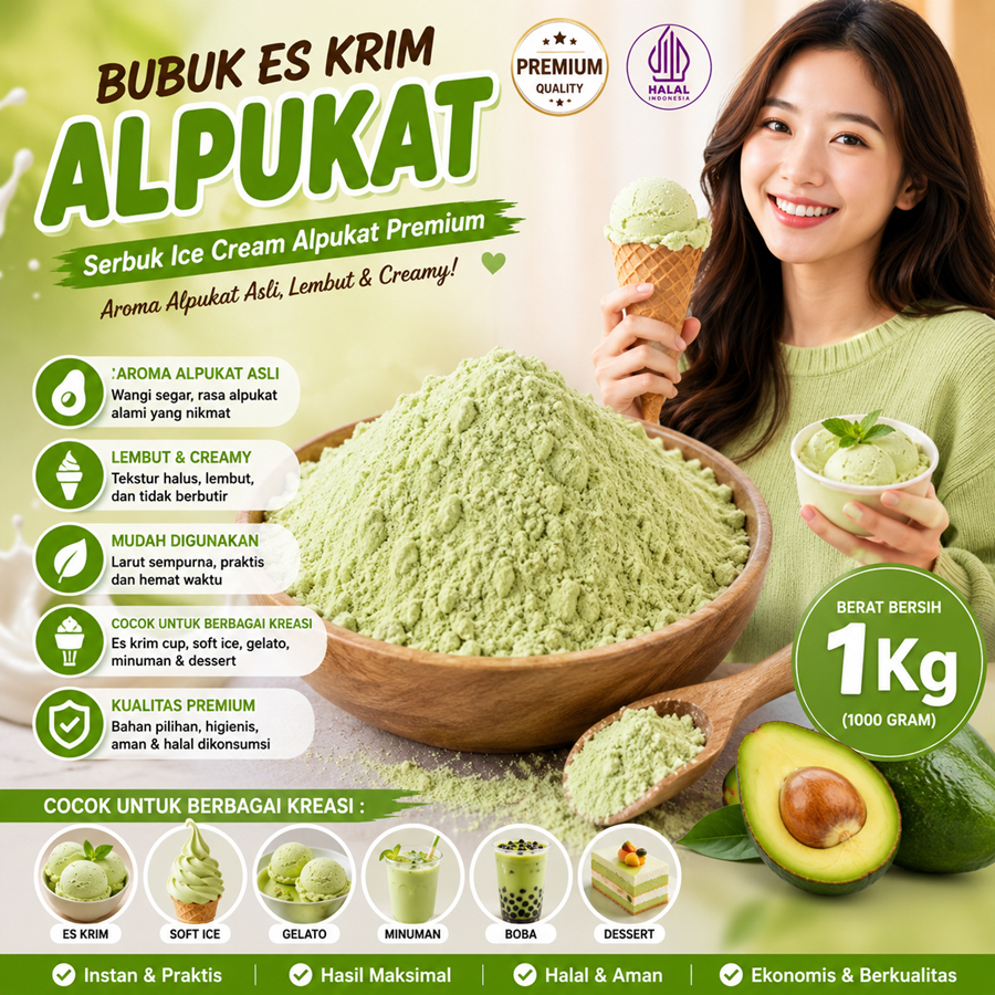 Bubuk Es Krim Alpukat 1 Kg l Serbuk Ice Cream Alpukat 1Kg Kiloan Bahan Eskrim Instan Premix Soft Har