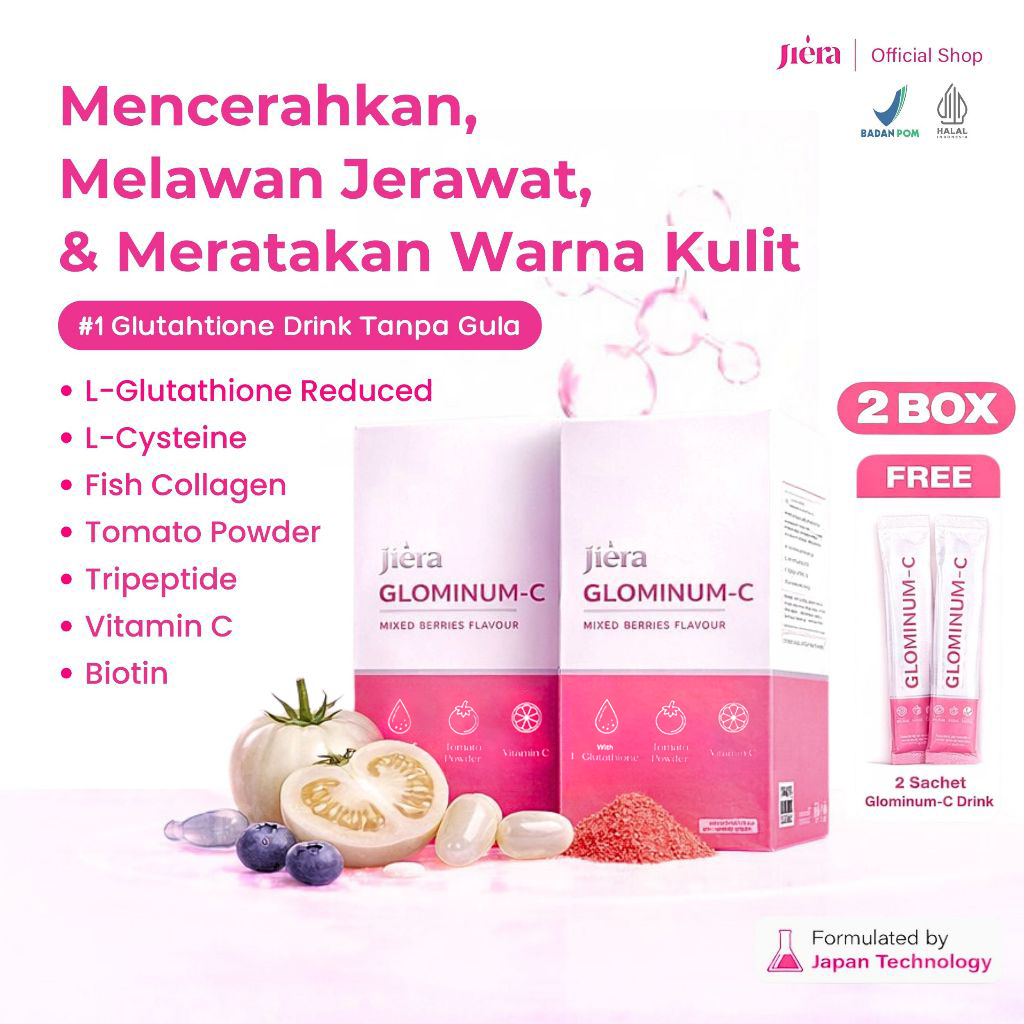 JIERA Glominum-C Drink 2 Box FREE 2 Sachet | Minuman Glutathione & Collagen Drink | With Tomato Powd