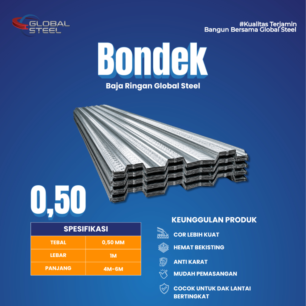 Global Steel - Bondek Cor 0.50 mm – Bondek Floor Deck Galvanis untuk Cor Beton / Dak Lantai Kuat & K