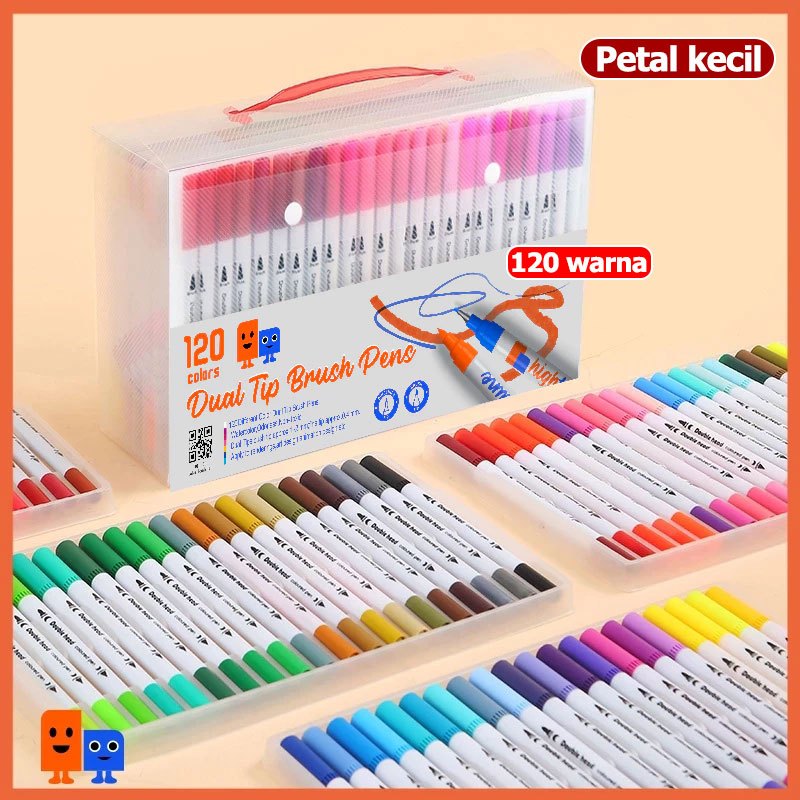 Spidol Warna Set 12/36/60/120 Spidol Brush Pen 2 Tips Spidol Set Marker Drawing Pen