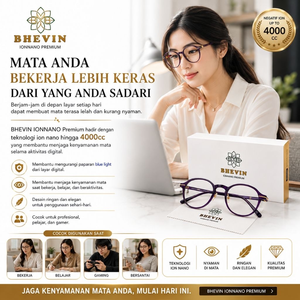 BHEVIN IONNANO Premium Healthy Eyes Negative Ion 4000 | Anti Blue Light UV420 | Kacamata Premium