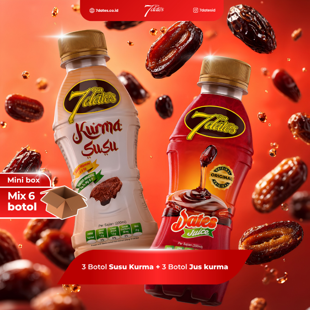 7Dates box isi 6 botol Mix, 3 Susu kurma+ 3 Jus kurma. 7Dates Secial Box isi 6 botol Mix, 3 botol su