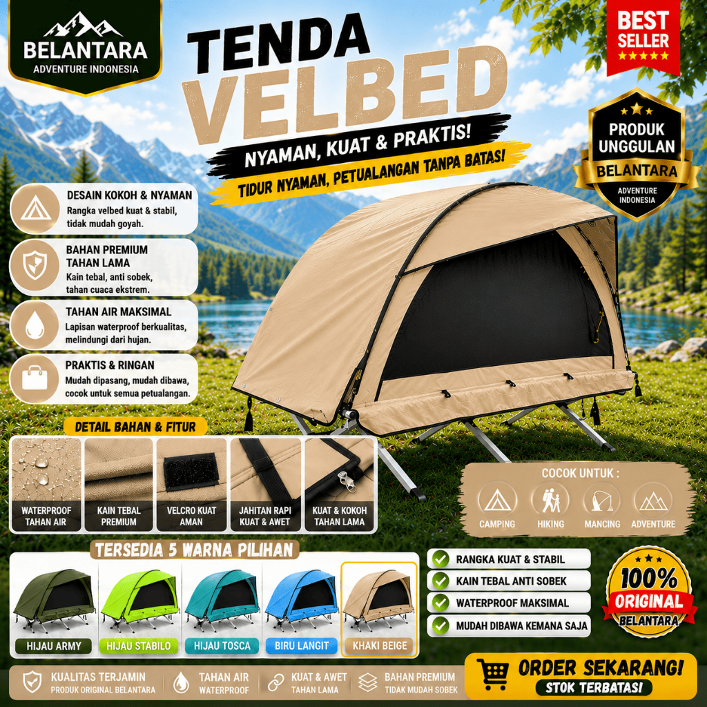 Tenda Velbed Krem Khaki Single Bed 1 Orang Traveling Offroade Proyek Sol Tent