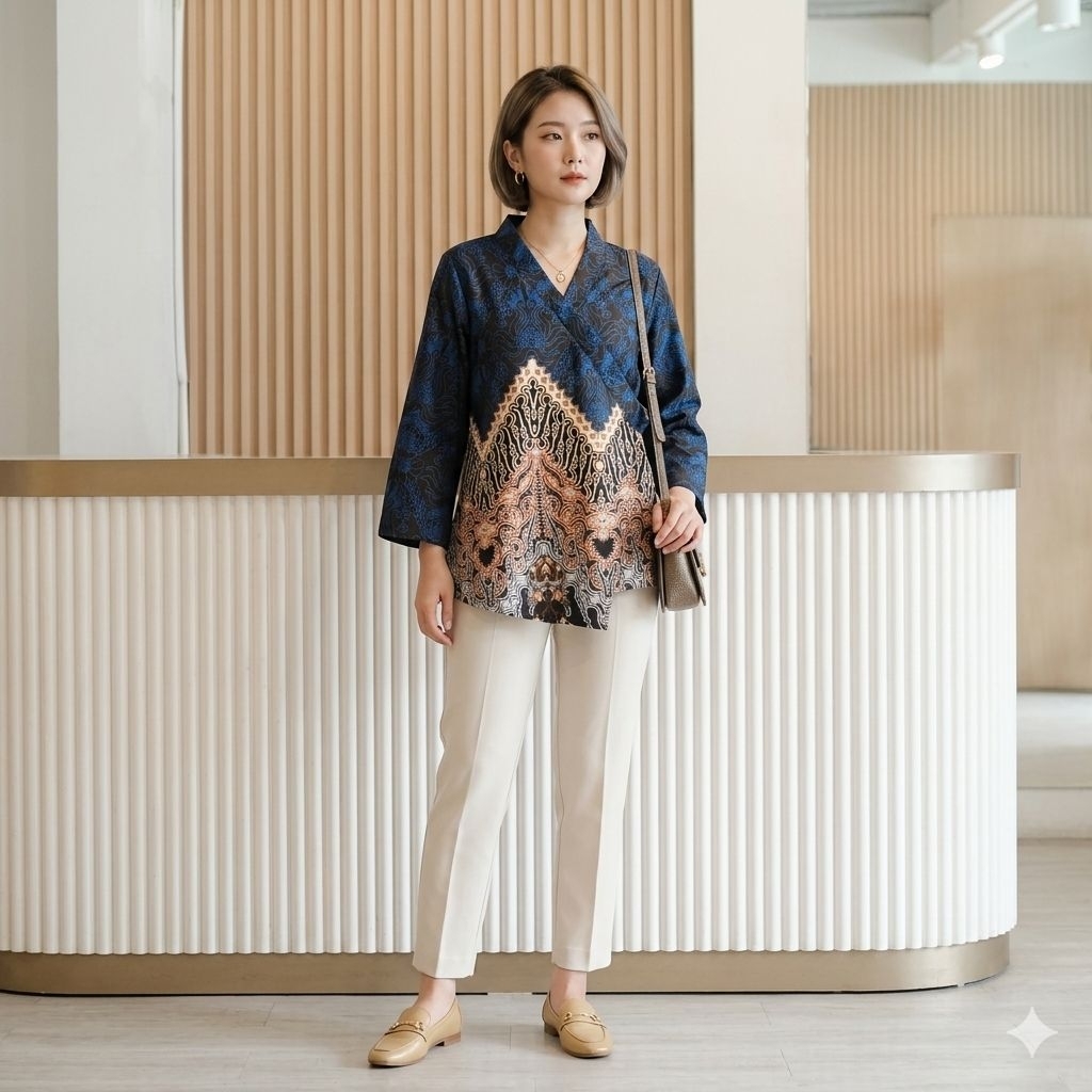 BAJU BATIK WANITA MODEL KOREA LENGAN 3 PEREMPAT TUNIK KERAH V ATASAN KERJA KANTOR ELEGAN CASUAL MODE
