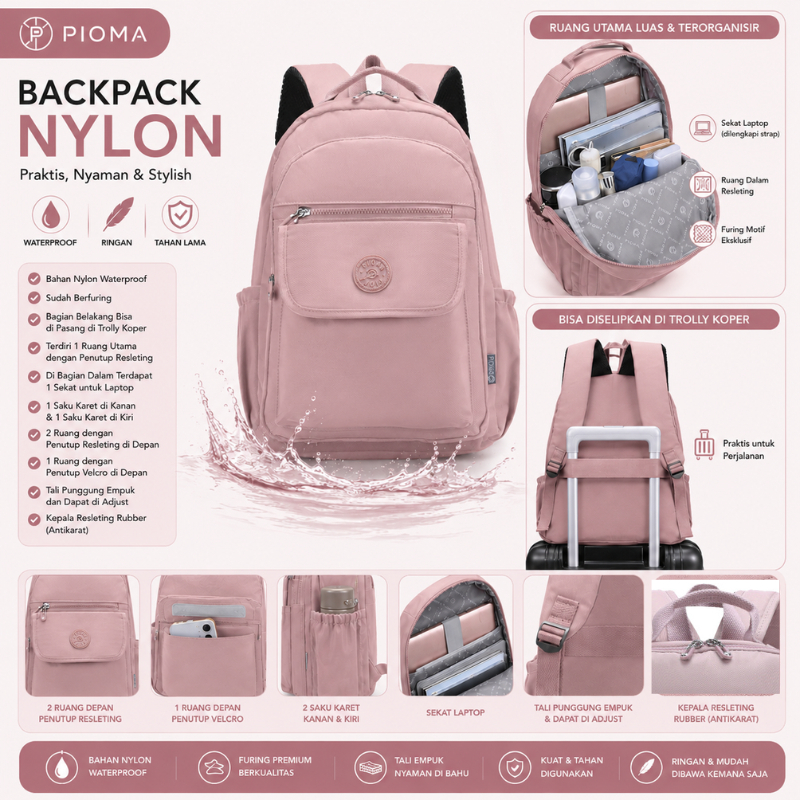 PIOMA Alma Tas Ransel Wanita Tas Laptop Backpack Nylon Waterproof