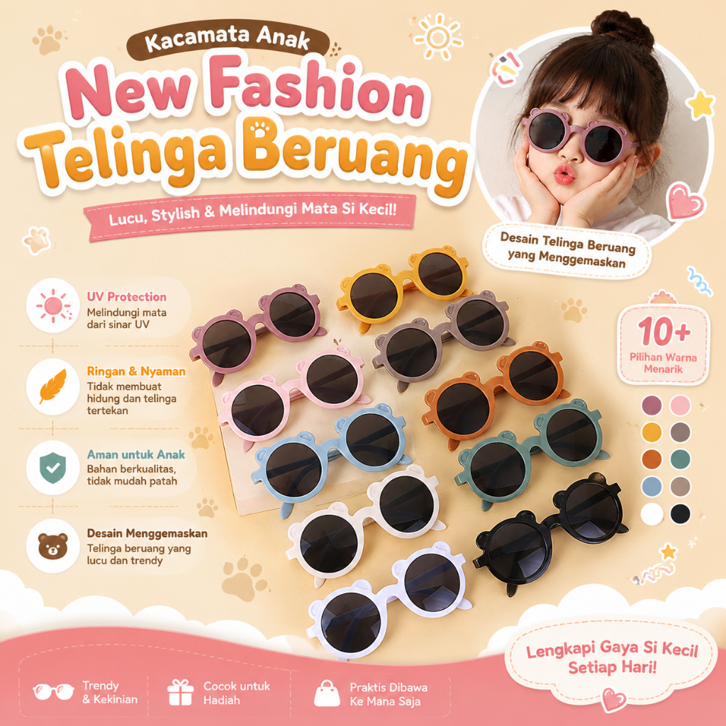 Kacamata Anak New Trend/Fashion Anak Terbaru Telinga Beruang / hitam High Quality For Fashion / Kaca