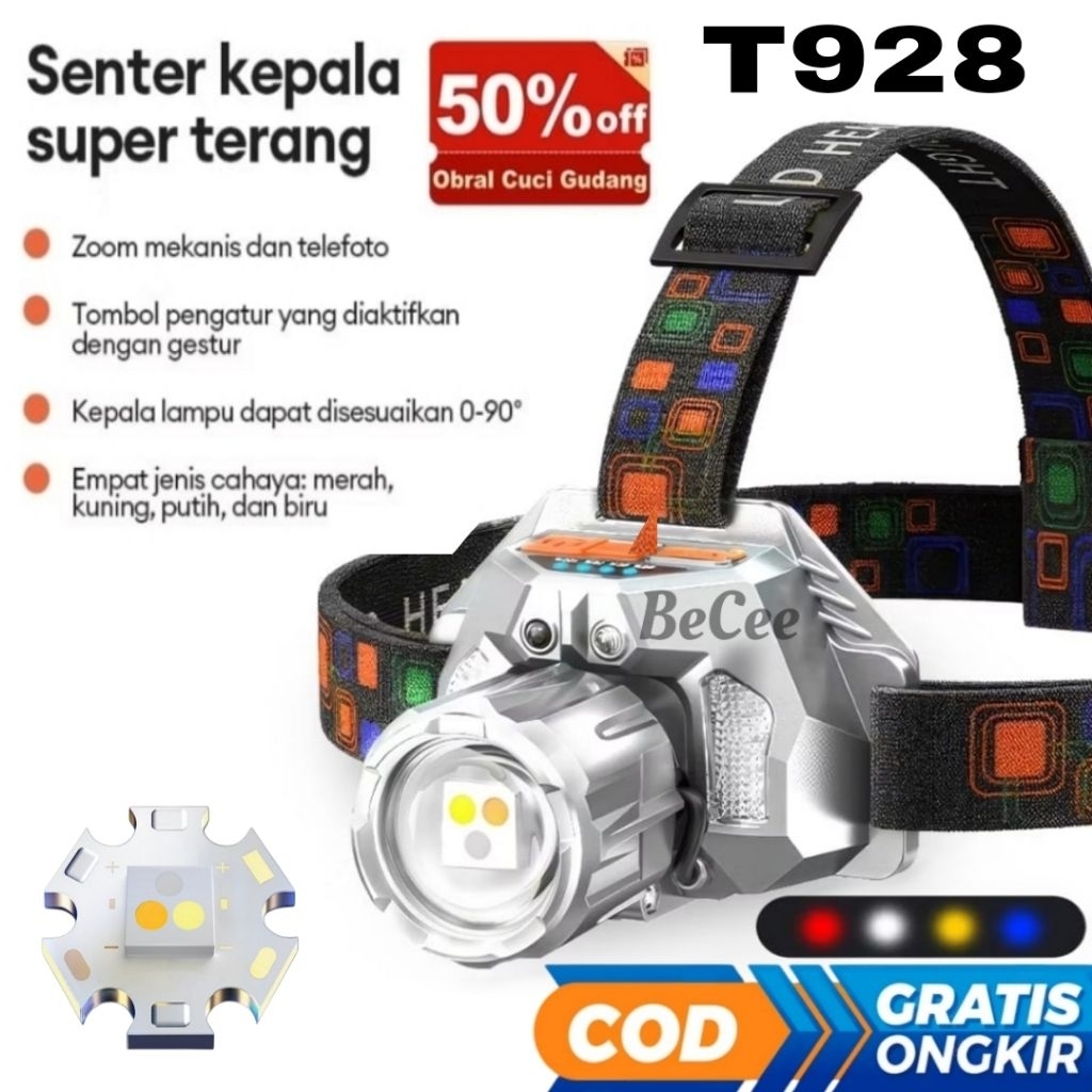 UPGRADE Senter Kepala T928 SUPER TERANG 3 Warna LED Dalam Satu Senter Zoom In Zoom Out Sensor ON OFF