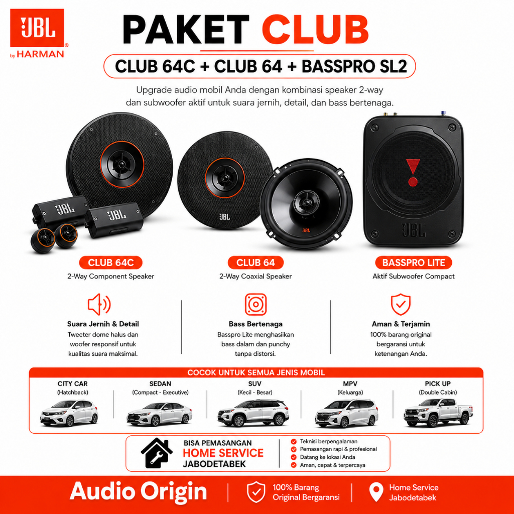 Paket Set Audio Mobil JBL Club 64C Split + Club 64 Coaxial + Basspro Lite Original