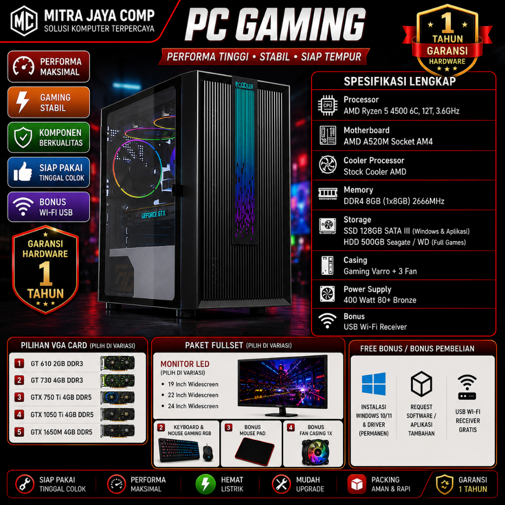 1 Set PC Gaming Fullset AMD Ryzen 5 4500 GTX 1650 + Monitor 24 Inch Garansi 1 Tahun