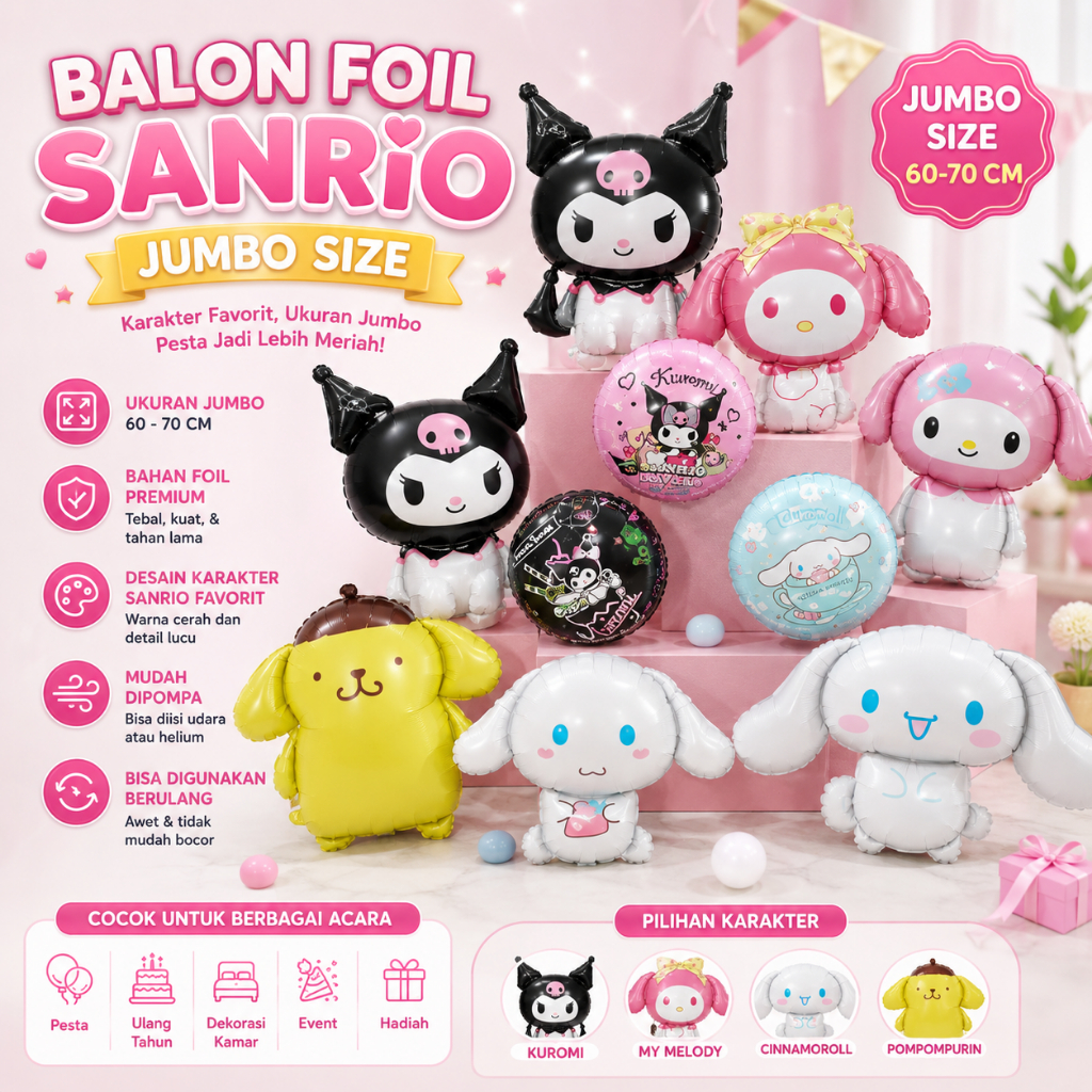 Balon foil Karakter Sanrio Jumbo | Balon Karakter Kartun Lucu | Balon Karakter Lucu Kawaii
